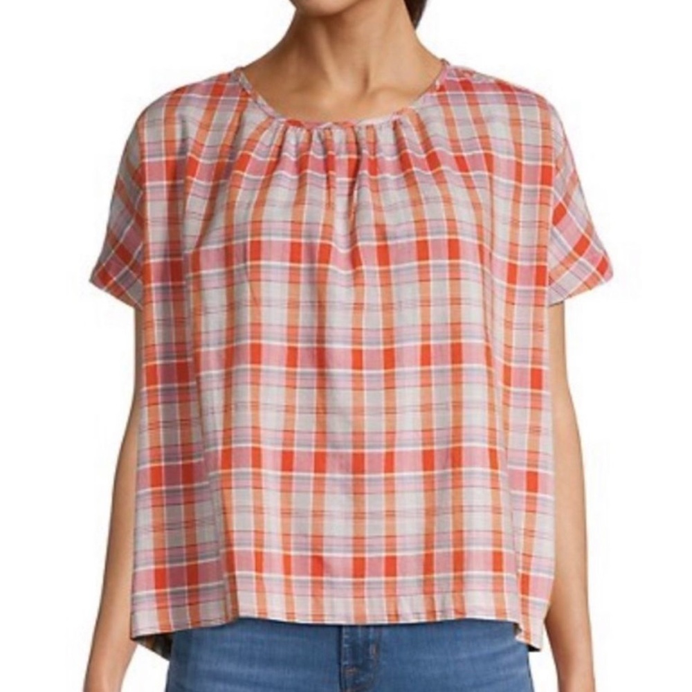 Madewell Plaid Shirred-Neck Boxy Top
